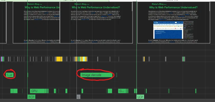 Trace of my blog post with showing image decoding happening while frames are generated
