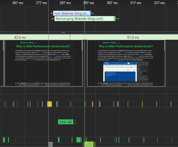 Trace of my blog post with an async decoded image, but perfect LCP marking
